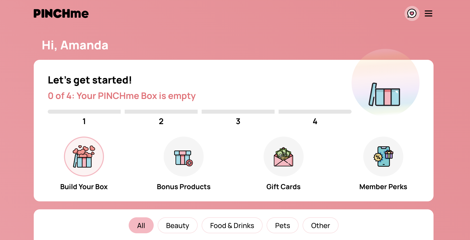 salmon colored screen showing four steps to getting your PINCHme box