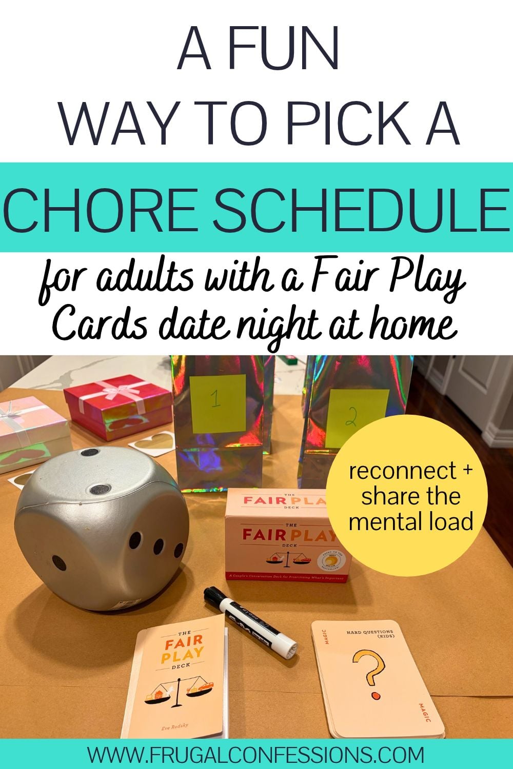 Fair Play card deck with bags with numbers on them on butcher paper, text overlay "a fun way to pick a chore schedule for adults"